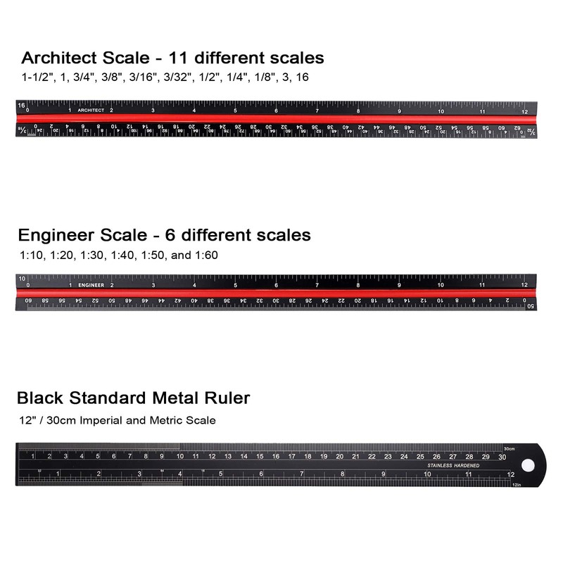 OwnMy 3 Pack 12 Inch Solid Aluminum Triangular Architect Scale