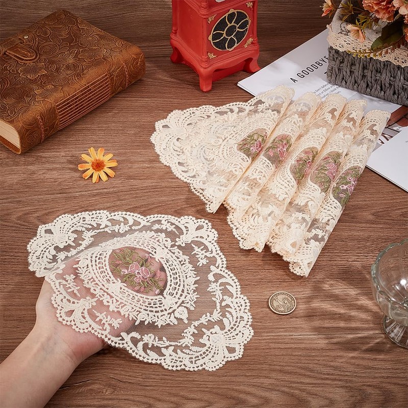 BENECREAT レースプレイスマット 6枚26.6ｘ21.4cm ヴィンテージ レースカップコースター ドイリーマット 花柄刺繍 花瓶敷き 滑り止め テーブルマット