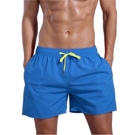 QRANSS Blue Men 5 inch Inseam Swimming Trunks Swim Pants Swimwear Beach Shorts Back Zipper Pocket (Large)
