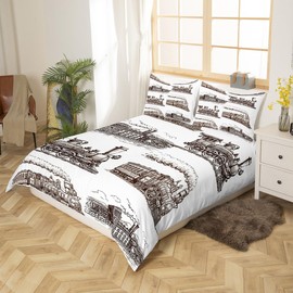 Manfei Train Duvet Cover Set Single Size, Retro Steam Locomotive Train Bedding Set 2pcs for Kids Boys Adults Bedroom Decor, Vintage Train Comforter Cover Soft Polyester Quilt Cover with 1 Pillowcase