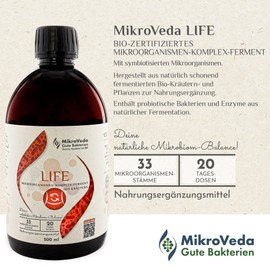 MikroVeda Life Enzymfermentgetränk 500ml, 33 Bakterienstämme, 20 fermentierte Kräuter & Pflanzen, super-aktiviert, hoch zellverfügbar, bioverfügbar, vegan, roh, Deutscher zertifizierter Hersteller