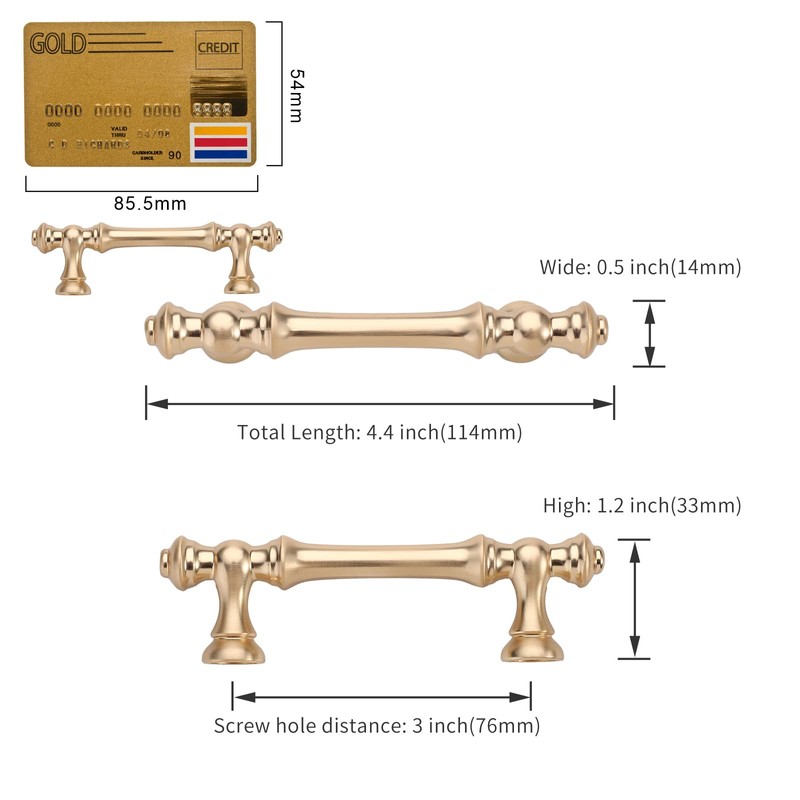 Amerdeco 10 Pack Brushed Brass Cabinet Pulls 3 Inch(76mm) Hole