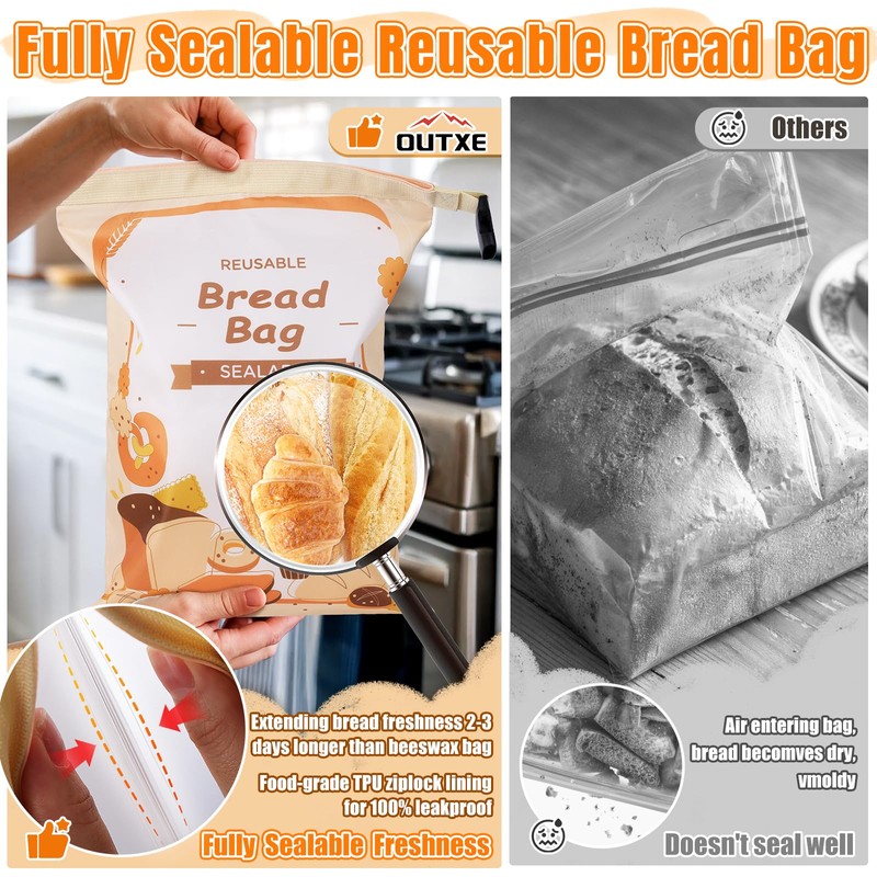 OUTXE 2 Pack Bread Bag - Fully Sealable Reusable Sourdough