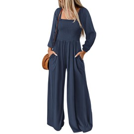 KIRUNDO Women's 2024 Fall Long Sleeve Jumpsuits Casual Dressy One Piece Loose Smocked Wide Leg Pants Romper With Pockets