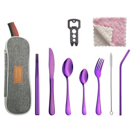 Sunhanny Travel Utensil Set, Reusable Utensils with Case, Portable Flatware including Knife Fork Spoon Chopsticks Cleaning Brush Straws Multi-Tool Dish Cloth (Purple)