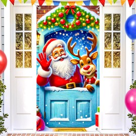 BlissYard Christmas Door Cover 71x35 Inch Santa Claus and Reindeer Waving from Snowy Holiday Front Porch Door Banners Decoration with Garland Hanging Banner for Indoor Outdoor Winter Party Decor