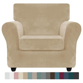 ZNSAYOTX Luxury Velvet Chair Slipcovers with Arms 2 Piece Stretch Chair Covers for Living Room Thick Soft Armchair Slipcover Anti Slip Dog Pet Friendly Furniture Protector (Camel),30"-47"(1 Cushion)