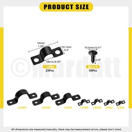 Mardatt 25 Set 3/8"(10mm) Two Hole Pipe Strap Clamp, Carbon Steel Rigid U Bracket Clamps U-Tube Strap Clamp Conduit Clamps with Self-Tapping Screws for Pipe Fixing, Black