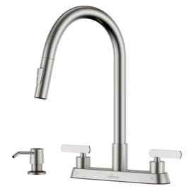 APPASO 4 Hole Kitchen Faucets, 2 Handle Kitchen Faucet, Pull Down Sprayer, Sink Faucet with Soap Dispenser, 8 Inch RV Faucet, Brushed Nickel, Stainless Steel, Gooseneck Design, High Arc