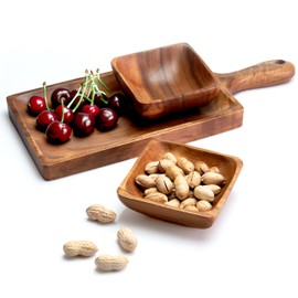 Set of 3 Wooden Serving Tray with Handle and Two Square Bowls - Perfect for Snacks, Coffee, and Kitchen Use - Wooden Serving Bowls for Food, Snack Set