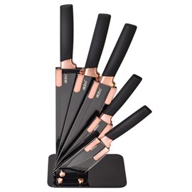 elabo 6-Piece Premium Kitchen Knife Set with Block – Stainless Steel Knife Set with Non-Stick Coating, Ultra-Sharp Dishwasher Safe Knives Set for Kitchen, Rose Gold, Space-saving