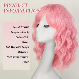 XIXIBI Pink Wigs with Bangs Short Pastel Wavy Synthetic Wig for Women Shoulder Length Bob Cosplay Colorful Wigs for Girls Costume Party Use 14 Inches