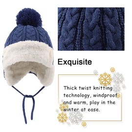 PEECABE Kids Winter Knitted Hat Baby Earflap Beanies Fleece Winter Beanie with Pompom Warm Toddler Hats Boys Girls 0-8Y (Haze Blue, 6-24 Months)