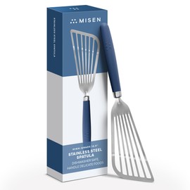 Misen Fish Stainless Steel Spatula - Slotted Turner for Cooking - Perfect for Frying - Heat Resistant - Dishwasher Safe -1mm Thick Flexible Flipper - Soft Silicone Grip Handle for Easy Use