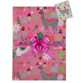 Llamas Gift Wrap Pack, Ladies, Female Girls, Two Sheets, Two Tags and Two Co-ordinating Cerise Pull Bows. Ladies Girls Birthday Gift Present