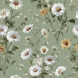 Livebor Floral Peel and Stick Wallpaper Daisy Floral Contact Paper 16.9in x118.1in Green Flower Wallpaper Peel and Stick Modern Flower Self Adhesive Removable Wall Paper for Bedroom Decorative Vinyl