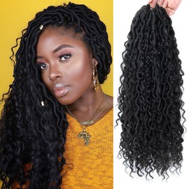 Curly Faux Goddess Locs Crochet Hair 18Inch Pre Looped Synthetic Deep Curly Hairstyle Hippie Locs Crochet Braids Extensions（1B,18inch(Pack of 8))