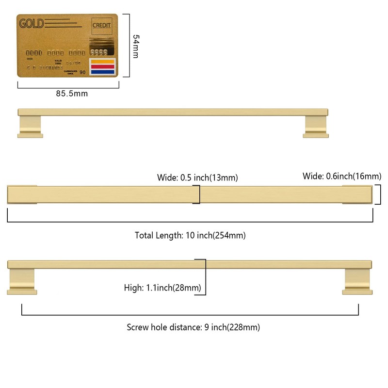 Amerdeco 10 Pack Brushed Gold Cabinet Pulls 8.8 Inch(228mm) Hole