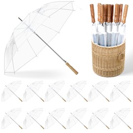 Cosblank 12 Pcs Wedding Umbrellas Bulk, 41 Inch Wedding Stick Umbrellas with Wooden Handle(Clear White)
