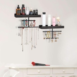 Keebofly Hanging Wall Mounted Jewelry Organizer with Rustic Wood Jewelry Holder Display for Necklaces Bracelet Earrings Ring Set of 2 Black