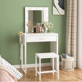 Titoni Makeup Vanity Desk with Mirror and Lights, Small Vanity Table and Chair Set,White Makeup Table with 10 LED Lights,Dressing Table for Bedroom,27.6in(L)