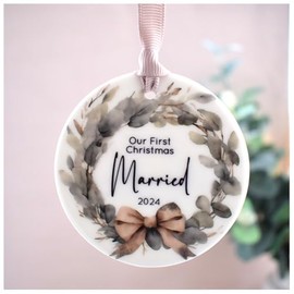 Our First Christmas Married 2024 Hanging Decoration. Greenery Wreath White Ceramic Ornament Newlywed Couple. Mr & Mr, Mrs & Mrs. Xmas Tree Keepsake Bauble