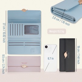 AfitLulu Large Women's Long Faux Leather Wallet with Square Snap Decoration, Tri-Fold Clutch Wallet for Credit Card Slots and ID Window, pink, Modern