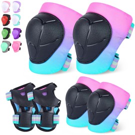 FIODAY Knee Pads for Kids Knee and Elbow Pads Wrist Guards Adjustable Protective Gear Set for Girls Boys Inline Skating Biking Skateboard Scooter Knee Pads, Pink Blue Green, 3-8 Years