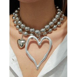 Boho Hollow Out Heart Charm Decor Adjustable Beaded Design Pendant Necklaces, Gifts for Girlfriend, Fashion Jewelry for Party, Daily Clothing Decor:_Silver_one size fits all