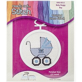 Janlynn 18 Count Round Mini Counted Cross Stitch Kit, 2-1/2-Inch, Baby Buggy Boy