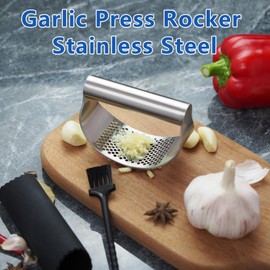 Hendiy Garlic Press Rocker Stainless Steel,3 Pack Premium Garlic Crusher and Smasher with Peeler & Cleaning Brush-Innovative Garlic Tool for Effortless Crushing,Mincing,and Smashing-Kitchen Essential
