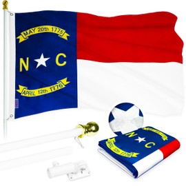 G128 Combo Pack: 5 Ft Aluminum Spinning Flagpole (White) & North Carolina State Flag 2.5x4 Ft, ToughWeave Series Embroidered 300D Polyester | Pole with Flag Included
