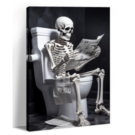 Canvas Wall Art Bathroom Decor Skeleton Sitting on Toilet Reading the Newspaper Picture Funny Skull Painting Modern Artwork for Home Decor Framed(Art-1,12.00"x18.00")