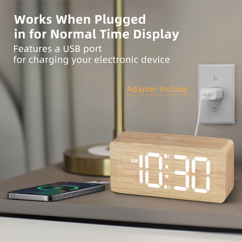 uscce Wooden Digital Alarm Clocks for Bedrooms: Dimmable Dual Alarm