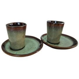 PintoCer Espresso Coffee Cups Made of White Stoneware, without Handle with Brown Saucer (Green/Green, 2)
