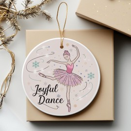 2.75" Round Ceramic Christmas Ornament, Joyful Dance Round Ceramic Ornament Featuring Miniature Ballet Dancer in Tutu with Snowflakes and Stars