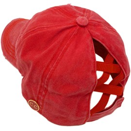 C.C Ponytail Criss Cross Messy Buns Ponycaps Baseball Cap Dad Trucker Mesh Hat (Button Hook Distressed Red)