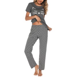 EISHOPEER Women's Pajama Set Cute Printed Short Sleeve Top and Long Pants Sleepwear Pjs Sets Dark Gray XL