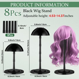 Shimeyao 8 Pcs Adjustable Wig Stand 4.53 to 14.37 Inches Portable Wig Head Holders Plastic Hat Stands for Display Non slip Fake Hair Storage Holder for Multiple Fake Hair Styling Cap Storage(Black)
