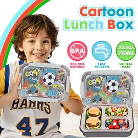 YOYTOO Stainless Steel Bento Lunch Box for Kids, 710 ml/23.5 oz BPA-Free Leak-Proof Children Food Containers with 3 Compartments, Back to School Students Daycare Lunches Snack Container