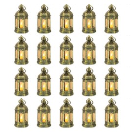 Mini linternas decorativas para centro de mesa de boda, 20 unidades Romadedi colgantes pequeños faroles dorados a granel con velas LED parpadeantes para decoración de Halloween, decoración de mesa de