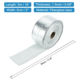 sourcing map Fiberglass Exhaust Wrap Tape, 2" x 16' Silvery Header Heat Wrap with 4 Stainless Ties for Hot Rods and Motorcycle