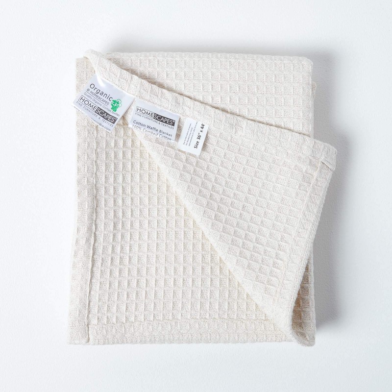 HOMESCAPES - 100% Organic Cotton Waffle Throw - Natural -
