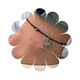 Yheakne Boho Layered Sun Ankle Bracelet Silver Satellite Anklet Bracelet Retro Black Rope Anklet Chain Personlized Sunflower Foot Chain Jewelry for Women and Girls Gifts (Sun)