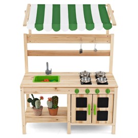 INFANS Mud Kitchen, Outdoor Play Kitchen with Awning Faucet Stoves Cooking Accessories Removable Sink Wooden Kids Kitchen Playset Backyard Garden Toys for Boys Girls Ages 3+