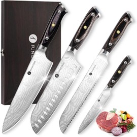 4 Pieces Professional Kitchen Knife Set, Damascus German Stainless Steel Chef Knife Set With Wooden Box, 8" Chef Knife, 5" Utility Knife, 8" Bread Knife, 7" Santoku Knife, Gifts for Men Women