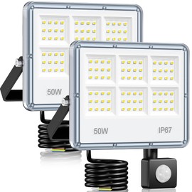 LED Spotlight with Motion Sensor Outdoor - Pack of 2 50 W 5000 LM 6 in 1 Light Board LED Headlight with Motion Sensor IP67 Waterproof 7000 K Cool White Floodlight Outdoor for Garden, Yard, Garage