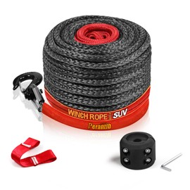 Synthetic Winch Rope 3/8" x 100'-23800 lbs Winch Line with Protective Sleeve,Forged Winch Hook,Safety Pull Strap go for 4WD Road Vehicle Truck SUV ATV UTV（Black Gray）…