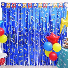 Cartoon Hedgehog Birthday Party Decoration, 4 Pack Hedgehog Party Backdrop Photo Booth Prop, Blue with Gold Ring Print Fringe Curtains Tinsel Photo Streamers for Hedgehog Theme Party Decor Supplies