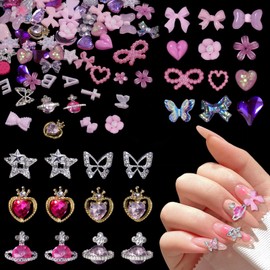 100Pcs Pink 3D Assorted Alloy Nail Charms Planet Heart Butterfly Star Nail Charms with Rhinestones Flower Bow Nail Art for Manicure DIY Craft Jewel Accessories